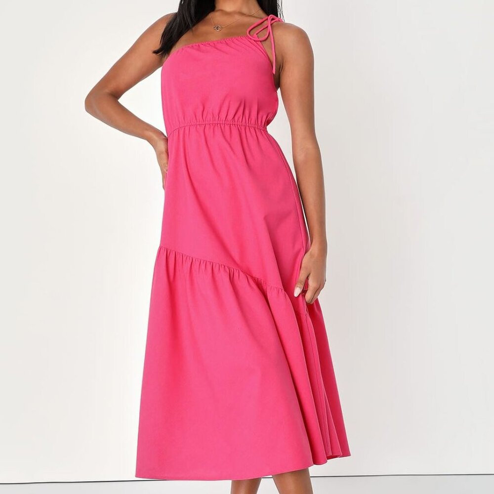 NWT Lulus | Pink Asymmetrical One-Shoulder Midi Dress Linen Cotton | Small